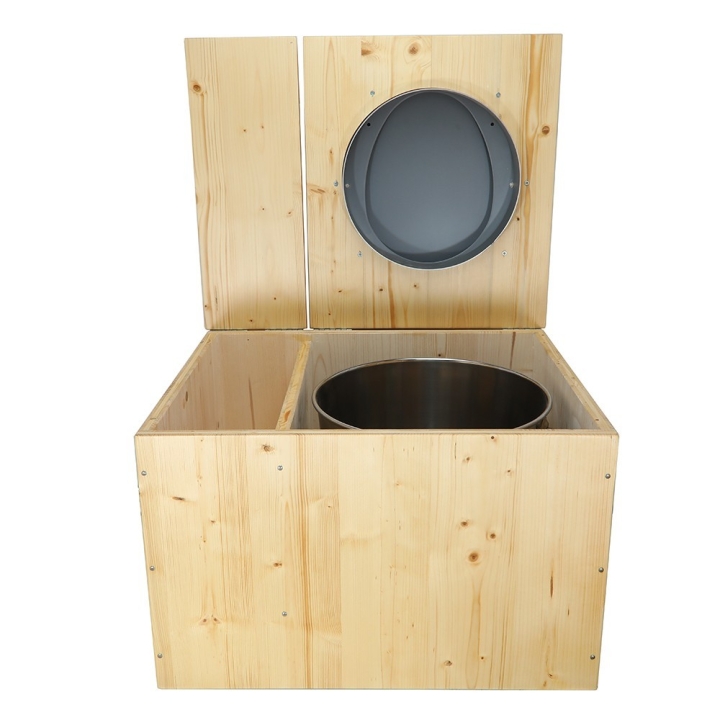  Toilette sèche huilée avec bac à copeaux de bois complète avec bavette inox Ø30cm et seau inox