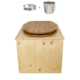 Toilette sèche bois huilé complète avec seau inox et bavette inox - abattant bambou
