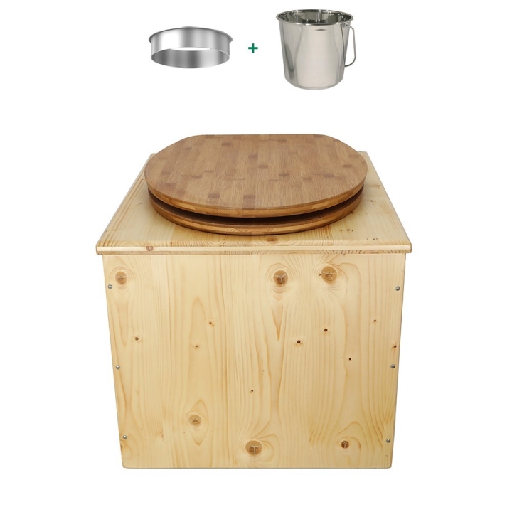 Toilette sèche bois huilé complète avec seau inox et bavette inox - abattant bambou