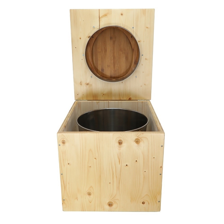  Toilette sèche bois huilé complète avec seau inox et bavette inox - abattant bambou