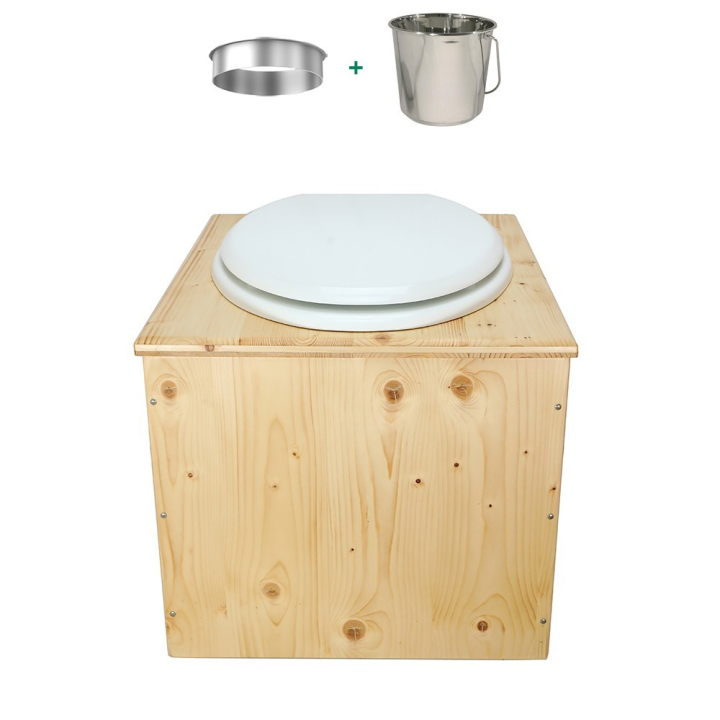 Toilette sèche bois huilé complète avec seau inox et bavette inox - abattant blanc