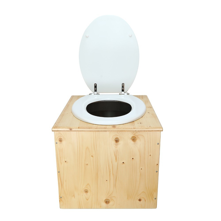  Toilette sèche bois huilé complète avec seau inox et bavette inox - abattant blanc