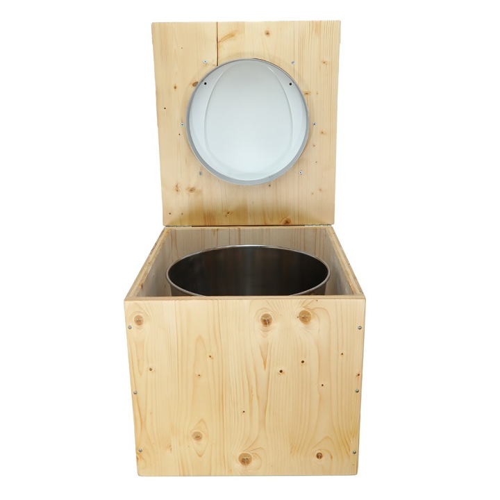  Toilette sèche bois huilé complète avec seau inox et bavette inox - abattant blanc