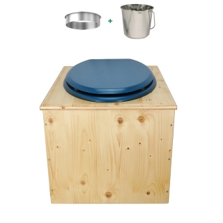 Toilette sèche bois huilé complète avec seau inox et bavette inox - abattant bleu