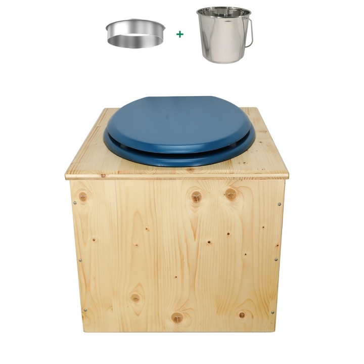 Toilette sèche bois huilé complète avec seau inox et bavette inox - abattant bleu