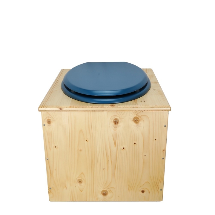  Toilette sèche bois huilé complète avec seau inox et bavette inox - abattant bleu