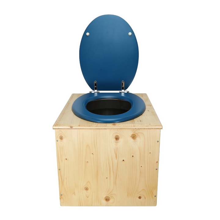  Toilette sèche bois huilé complète avec seau inox et bavette inox - abattant bleu