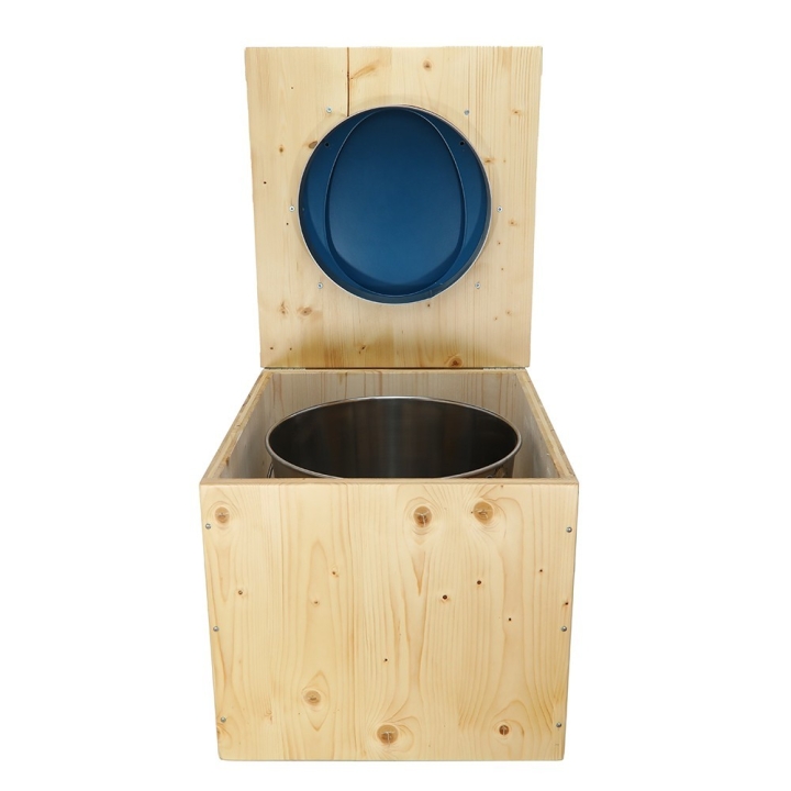  Toilette sèche bois huilé complète avec seau inox et bavette inox - abattant bleu