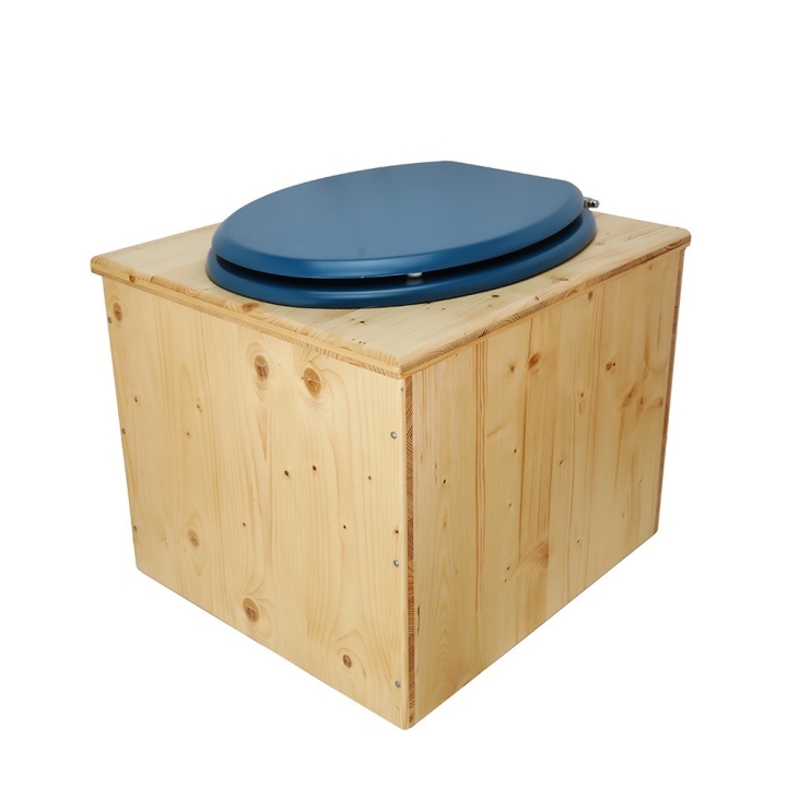  Toilette sèche bois huilé complète avec seau inox et bavette inox - abattant bleu