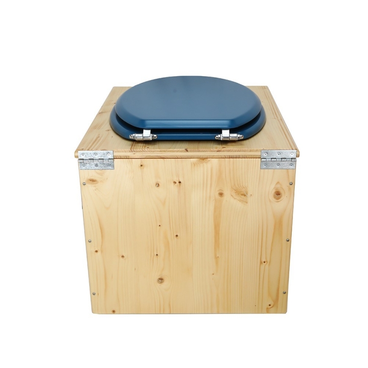  Toilette sèche bois huilé complète avec seau inox et bavette inox - abattant bleu