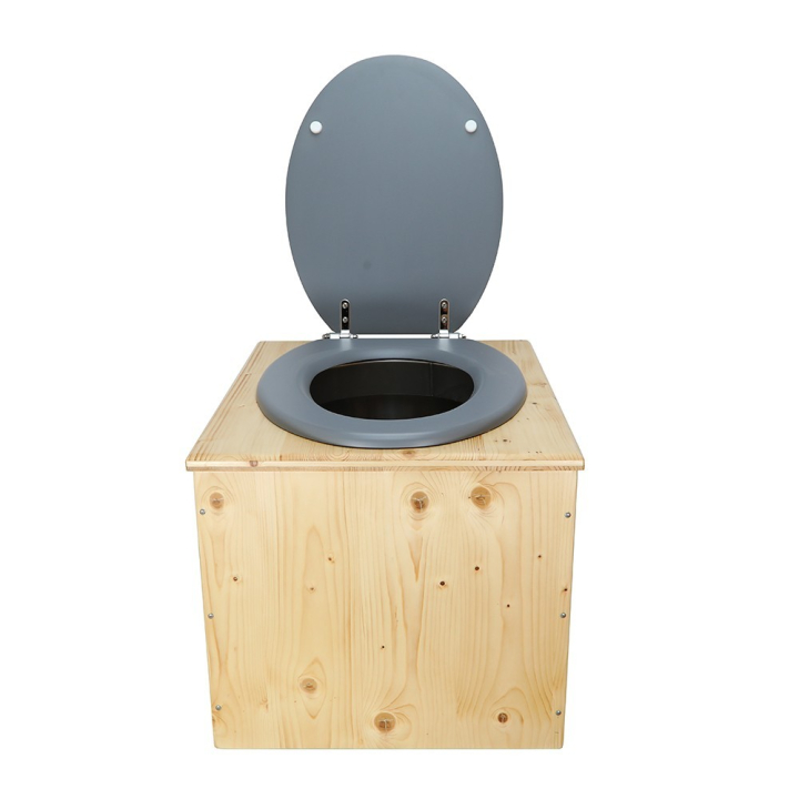  Toilette sèche bois huilé complète avec seau inox et bavette inox - abattant gris