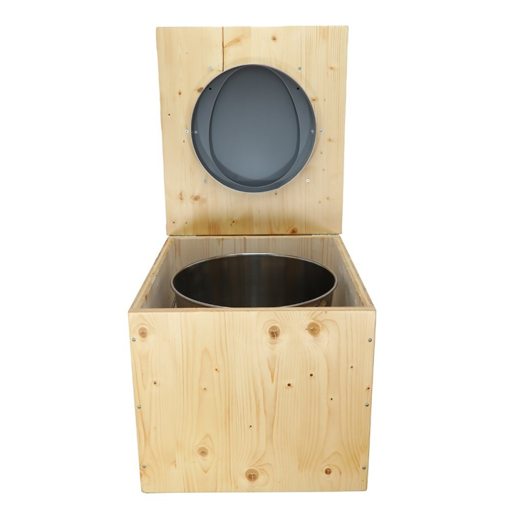  Toilette sèche bois huilé complète avec seau inox et bavette inox - abattant gris