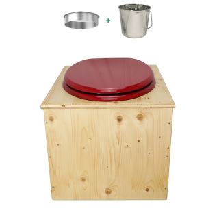 Toilette sèche bois huilé complète avec seau inox et bavette inox - abattant rouge
