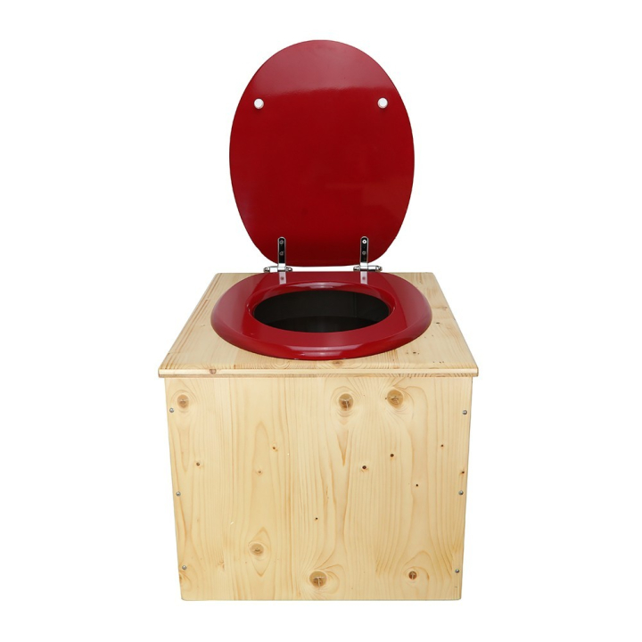  Toilette sèche bois huilé complète avec seau inox et bavette inox - abattant rouge