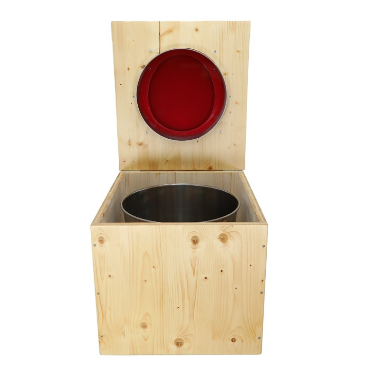  Toilette sèche bois huilé complète avec seau inox et bavette inox - abattant rouge