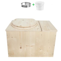 Toilette sèche avec bac à copeaux de bois à droite complet avec bavette inox et seau 20 litres