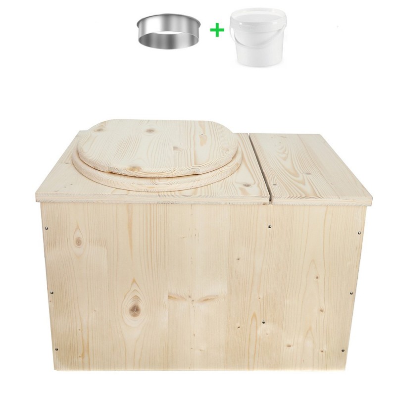 Toilette sèche avec bac à copeaux de bois à droite complet avec bavette inox et seau 20 litres