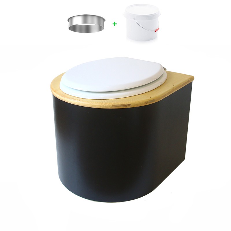 Toilette sèche en bois arrondie noire/huilé avec seau plastique 22L, bavette inox, abattant blanc Toilette sèche en bois arrondie noire/huilé avec seau plastique 22L, bavette inox, abattant blanc
