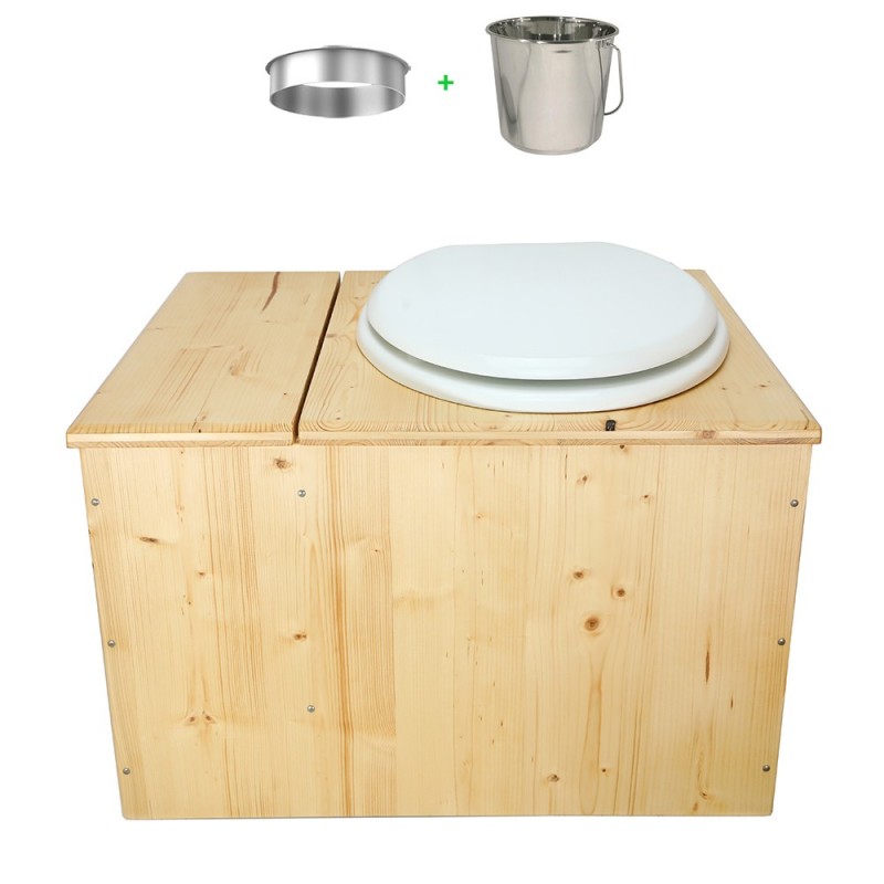 Toilette sèche huilée avec bac à copeaux de bois complète avec bavette inox Ø30cm et seau inox , abattant blanc Toilette sèche huilée avec bac à copeaux de bois complète avec bavette inox Ø30cm et seau inox , abattant blanc