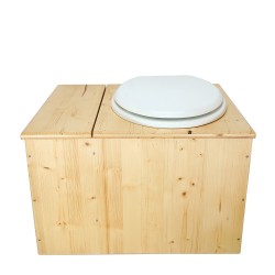 Toilette sèche huilée avec bac à copeaux de bois complète avec bavette inox Ø30cm et seau inox , abattant blanc