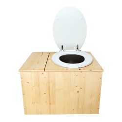 Toilette sèche huilée avec bac à copeaux de bois complète avec bavette inox Ø30cm et seau inox , abattant blanc