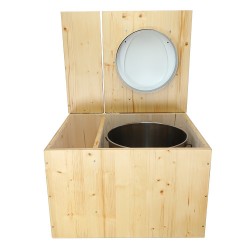 Toilette sèche huilée avec bac à copeaux de bois complète avec bavette inox Ø30cm et seau inox , abattant blanc
