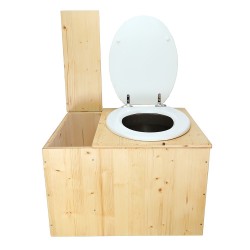 Toilette sèche huilée avec bac à copeaux de bois complète avec bavette inox Ø30cm et seau inox , abattant blanc