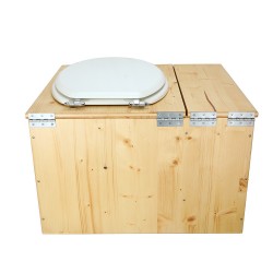 Toilette sèche huilée avec bac à copeaux de bois complète avec bavette inox Ø30cm et seau inox , abattant blanc