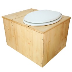 Toilette sèche huilée avec bac à copeaux de bois complète avec bavette inox Ø30cm et seau inox , abattant blanc