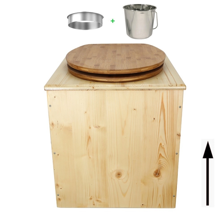 Toilette sèche rehaussée en bois huilé complète avec seau inox et bavette inox - abattant bambou