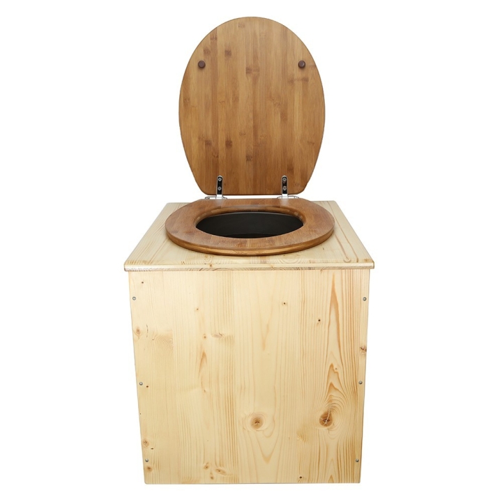  Toilette sèche rehaussée en bois huilé complète avec seau inox et bavette inox - abattant bambou