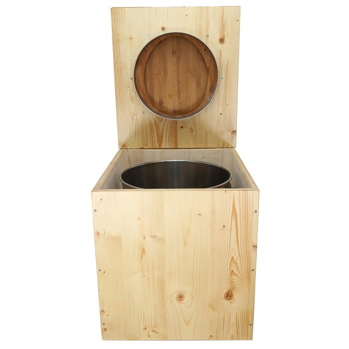  Toilette sèche rehaussée en bois huilé complète avec seau inox et bavette inox - abattant bambou