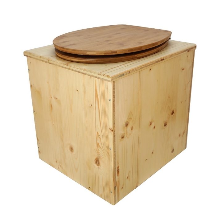  Toilette sèche rehaussée en bois huilé complète avec seau inox et bavette inox - abattant bambou
