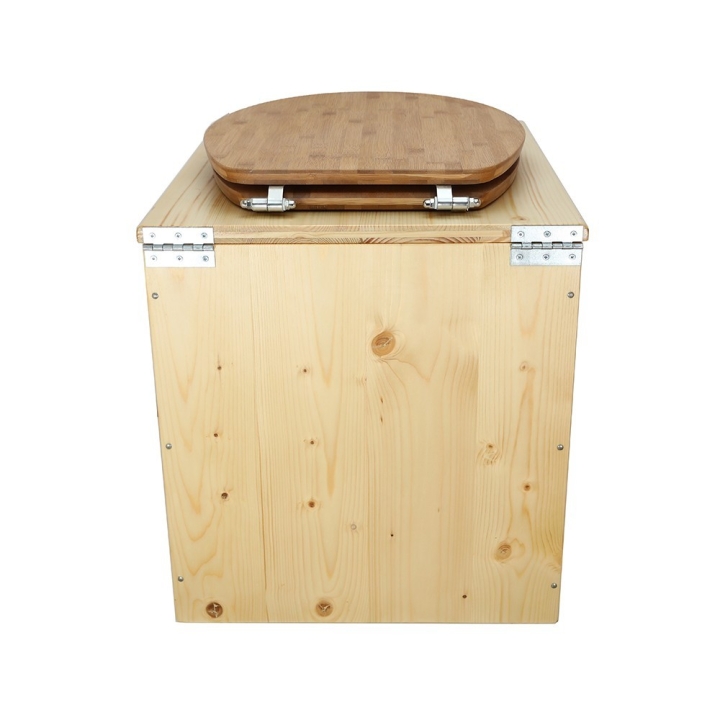  Toilette sèche rehaussée en bois huilé complète avec seau inox et bavette inox - abattant bambou