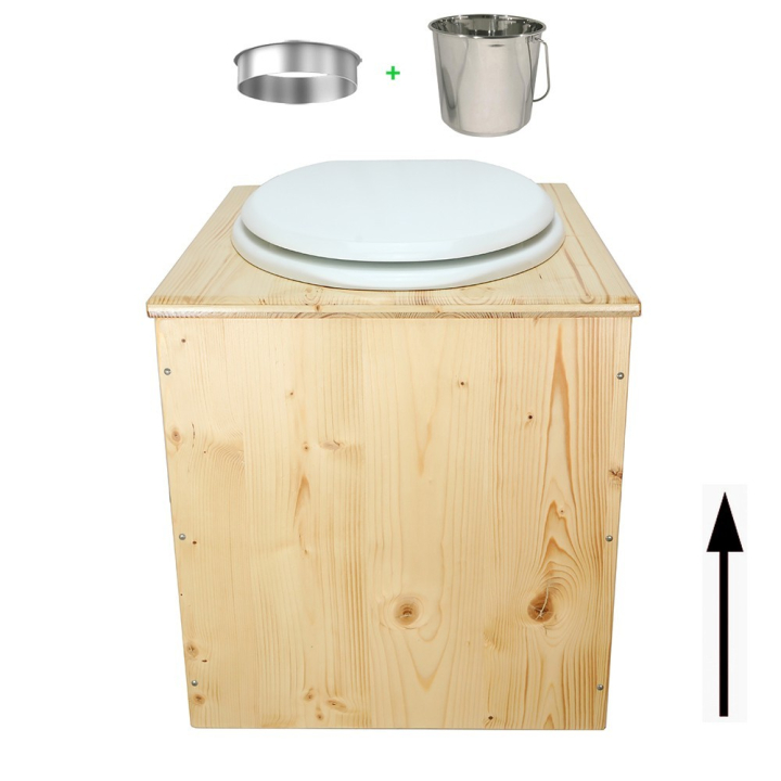Toilette sèche rehaussée en bois huilé complète avec seau inox et bavette inox - abattant blanc