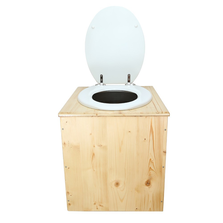  Toilette sèche rehaussée en bois huilé complète avec seau inox et bavette inox - abattant blanc