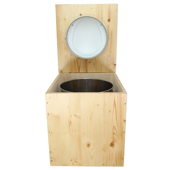  Toilette sèche rehaussée en bois huilé complète avec seau inox et bavette inox - abattant blanc