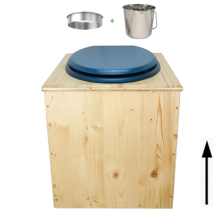 Toilette sèche rehaussée en bois huilé complète avec seau inox et bavette inox - abattant bleu