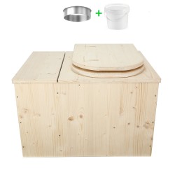 Toilette sèche avec bac à copeaux de bois complet avec bavette inox et seau 20 litres, abattant bois "D"