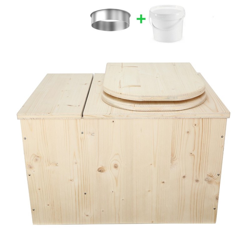Toilette sèche avec bac à copeaux de bois complet avec bavette inox et seau 20 litres, abattant bois "D"