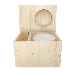 Toilette sèche avec bac à copeaux de bois complet avec bavette inox et seau 20 litres, abattant bois "D"