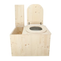 Toilette sèche avec bac à copeaux de bois complet avec bavette inox et seau 20 litres, abattant bois "D"