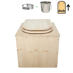Toilette sèche en bois brut avec seau inox, bavette inox et abattant bois déclipsable