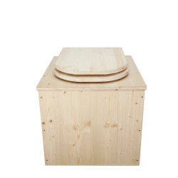 Toilette sèche en bois brut avec seau inox, bavette inox et abattant bois déclipsable