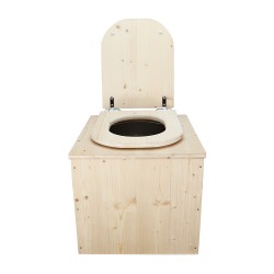 Toilette sèche en bois brut avec seau inox, bavette inox et abattant bois déclipsable