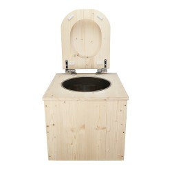 Toilette sèche en bois brut avec seau inox, bavette inox et abattant bois déclipsable