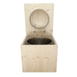 Toilette sèche en bois brut avec seau inox, bavette inox et abattant bois déclipsable