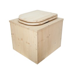 Toilette sèche en bois brut avec seau inox, bavette inox et abattant bois déclipsable