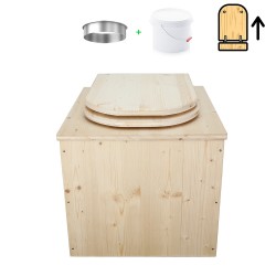 Toilette sèche en bois brut avec seau plastique 22L, bavette inox et abattant bois déclipsable