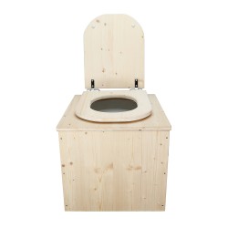 Toilette sèche en bois brut avec seau plastique 22L, bavette inox et abattant bois déclipsable